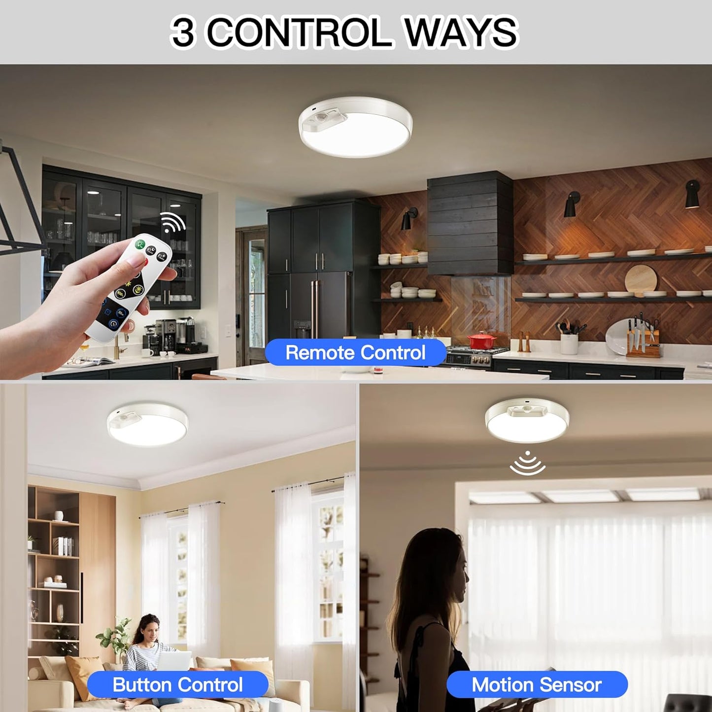 Rechargeable Motion Sensor Ceiling Light 2-Pack with Remote - Battery-Powered 6000K Cool White for Closet, Hallway, Shed & Stairs