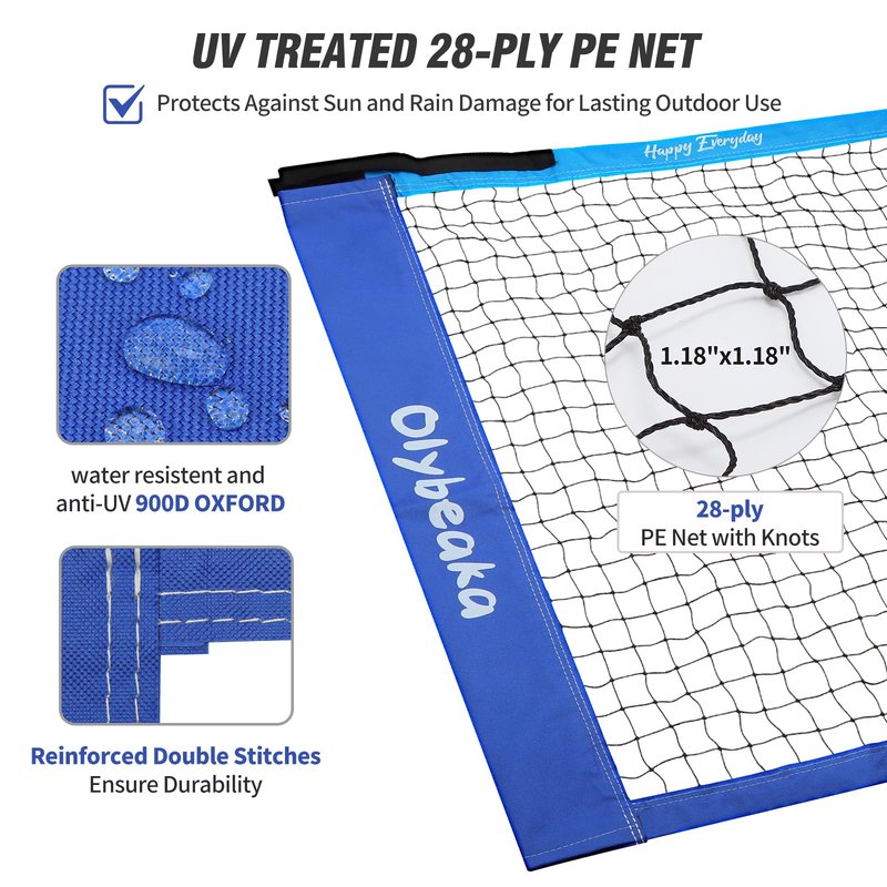 Olybeaka Outdoor Volleyball Badminton Combo Set with Net, Anti-Sagging Design, 4 Badminton Rackets, 3 Birdies and PU Volleyball for Backyard Lawn Beach (Deep & Light Blue Colorblock)