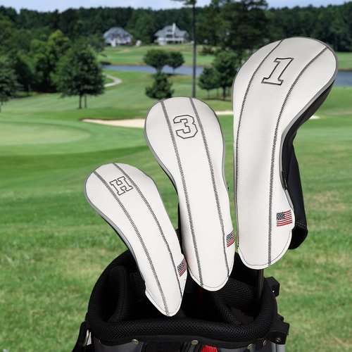 Yueaglesky Golf Club Head Covers - Driver, Fairway #3#5, Hybrid Headgear - USA Flag Design - PU Leather - 3 Piece Set for Men and Women