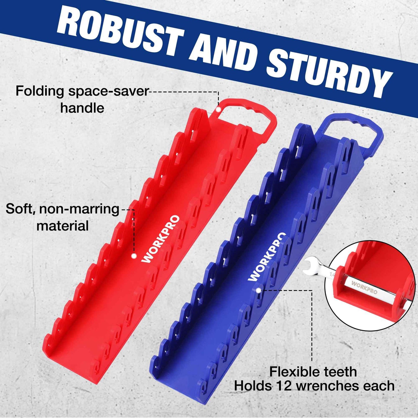 WORKPRO 2-Pack Magnetic Wrench Organizer, 12-Piece Gripper Wrench Holder for Stubby or Line Wrenches, Quality Wrench Rack Fits for SAE (1/4” to 15/16”) and Metric (6mm to 24mm), Flexible Teeth