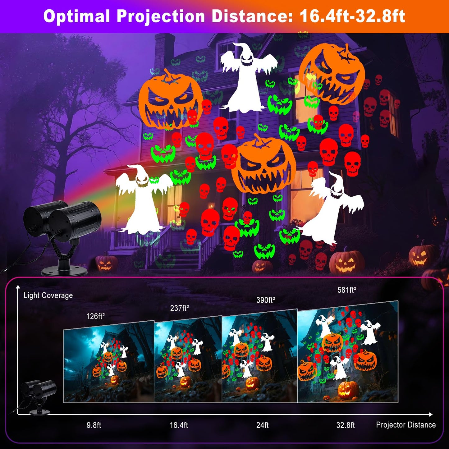 Nielfoi Upgraded Halloween Projector Lights Outdoor, Double Head Dynamic Projector Lights Indoor, 360° Rotating Waterproof Pumpkin Ghost Skeleton Bats Projection Light for Yard Window Party Decor