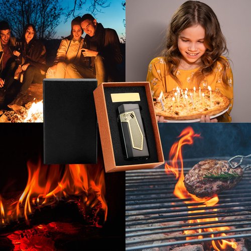 Reetsing 4 Torch Jet Flame Lighter with Punch & Holder - Refillable Butane Windproof Torch Lighter - Multi-Functional Lighter Accessory,Premium Gift for Men（Without Butane）