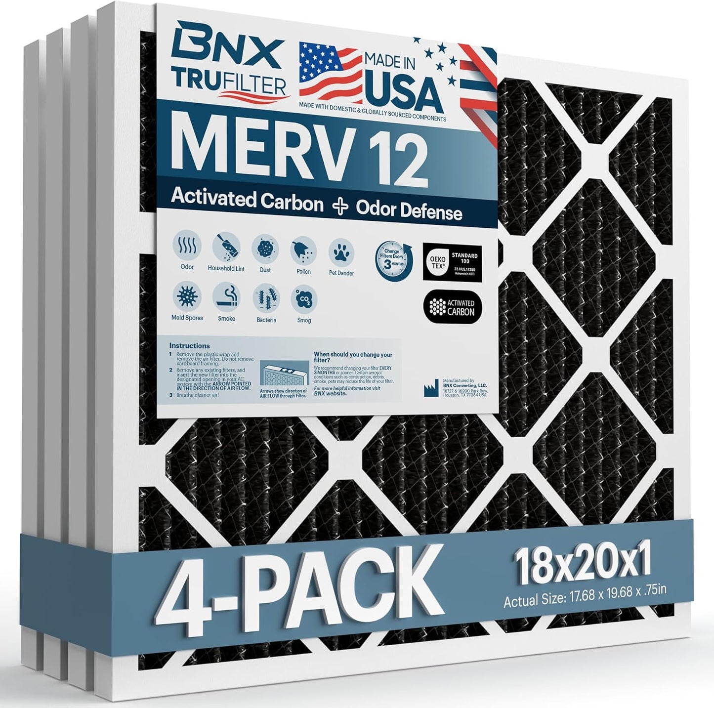 BNX TruFilter 12x12x1 MERV 8 Air Filters (6-Pack) - USA-Made Dust & Pet Defense for HVAC