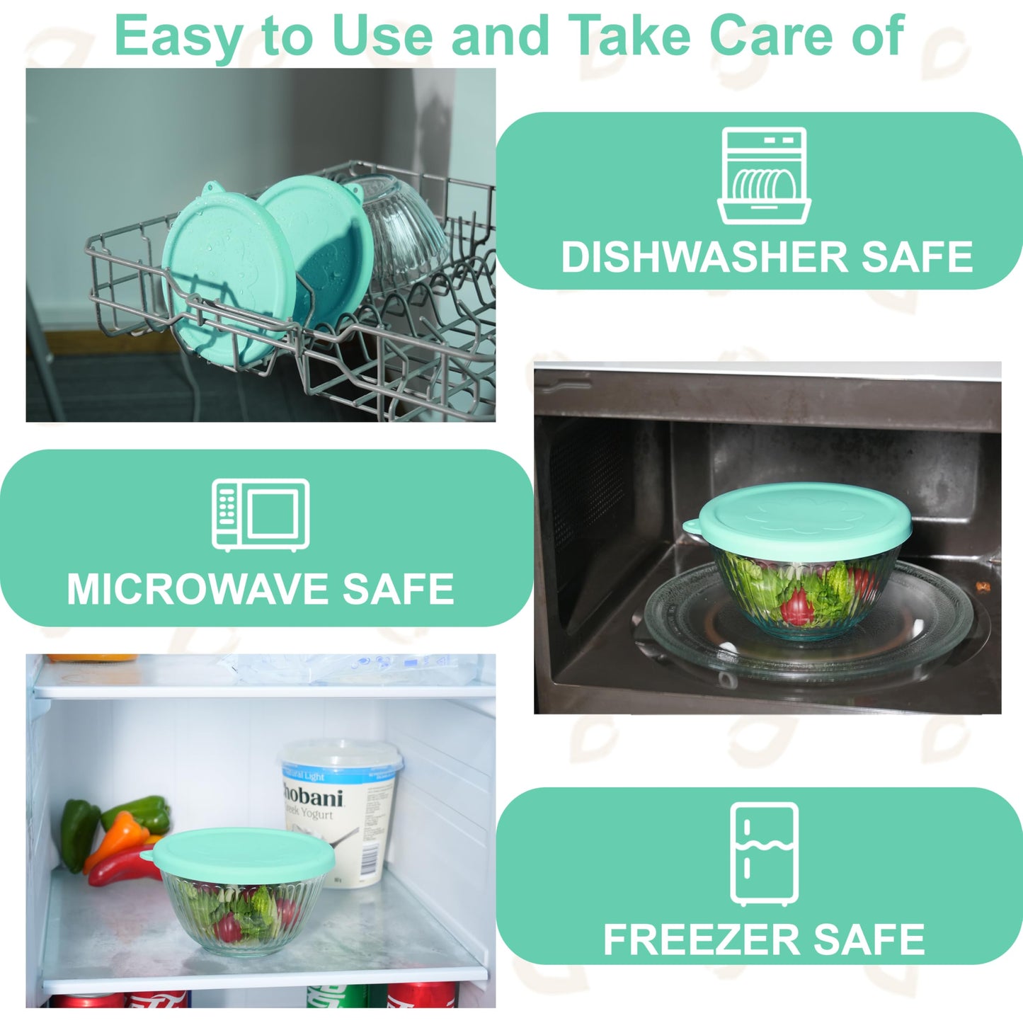 LUVCOSY Silicone Lids Only Fit for Pyrex 7401-S 3 Cup Sculpted Glass Mixing Bowls, 2 Pack Small Size Silicone Covers, Dishwasher & Microwave Safe, Green (Lids Only)