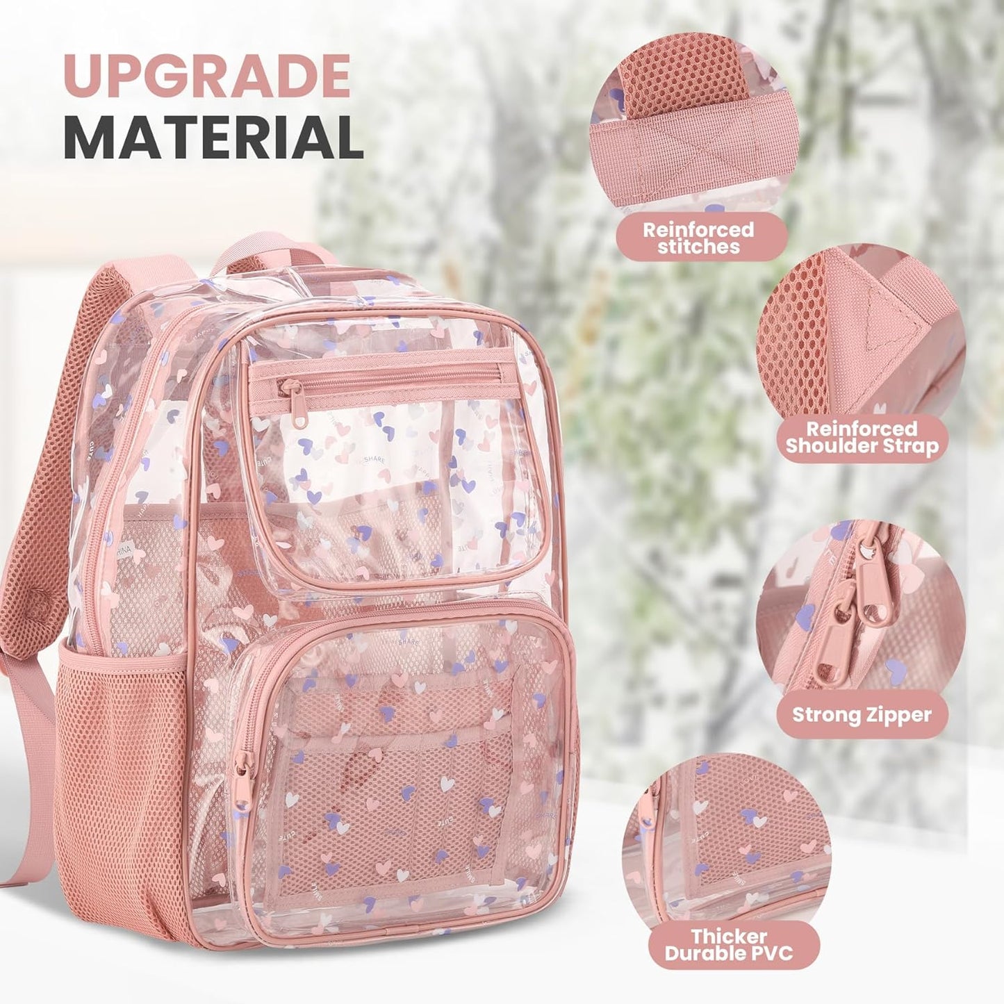 Skiennix Heavy-Duty Clear Backpack - Durable See-Through Bookbag in Pink | Perfect for School