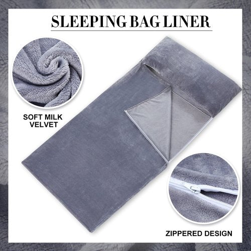 Flannel Sleeping Bag Liner for Adult, Travel Camping in Warm Cold Weather, Soft Fluffy Travel & Hotel Sleeping Bag Liner with Zipper for Hiking Camping Indoor Outdoor Use(Gray,87 x 41 Inches)