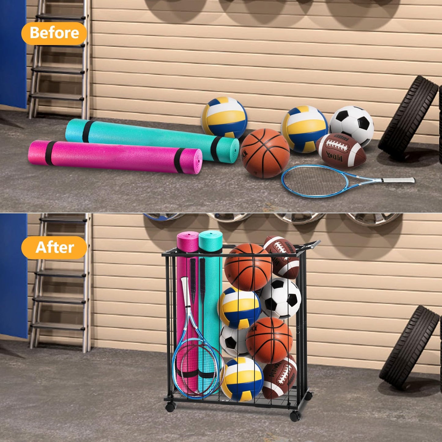 Columnar Vertical Ball Storage Racks with Wheels-NEW Durable 58x13'' Rolling Basketball Holder Wall Mount for Soccer, Volleyball, Space-Saving Garage Sports Ball Rack Organizer for Home,Gym & Outdoors