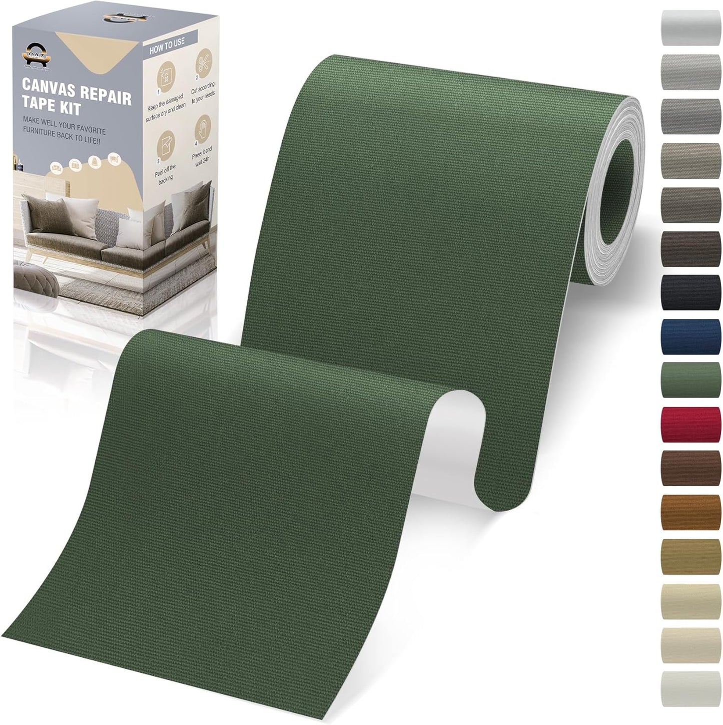OAZ Canvas Repair Tape - Self-Adhesive Army Green Fabric Patches | 4x79 Inch Waterproof Repair Patch for Furniture, Tents & More