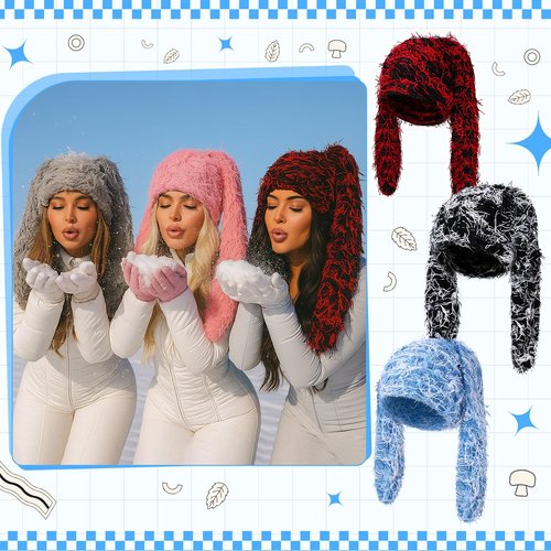 Cutecrop 3 Pcs Bunny Beanie Bunny Ears Hat Fluffy Warm Hat Faux Fur Fuzzy Y2k Furry Winter Hats Long Rabbit Ear Plush Beanie(Red and Black, Blue and White, Black and White)