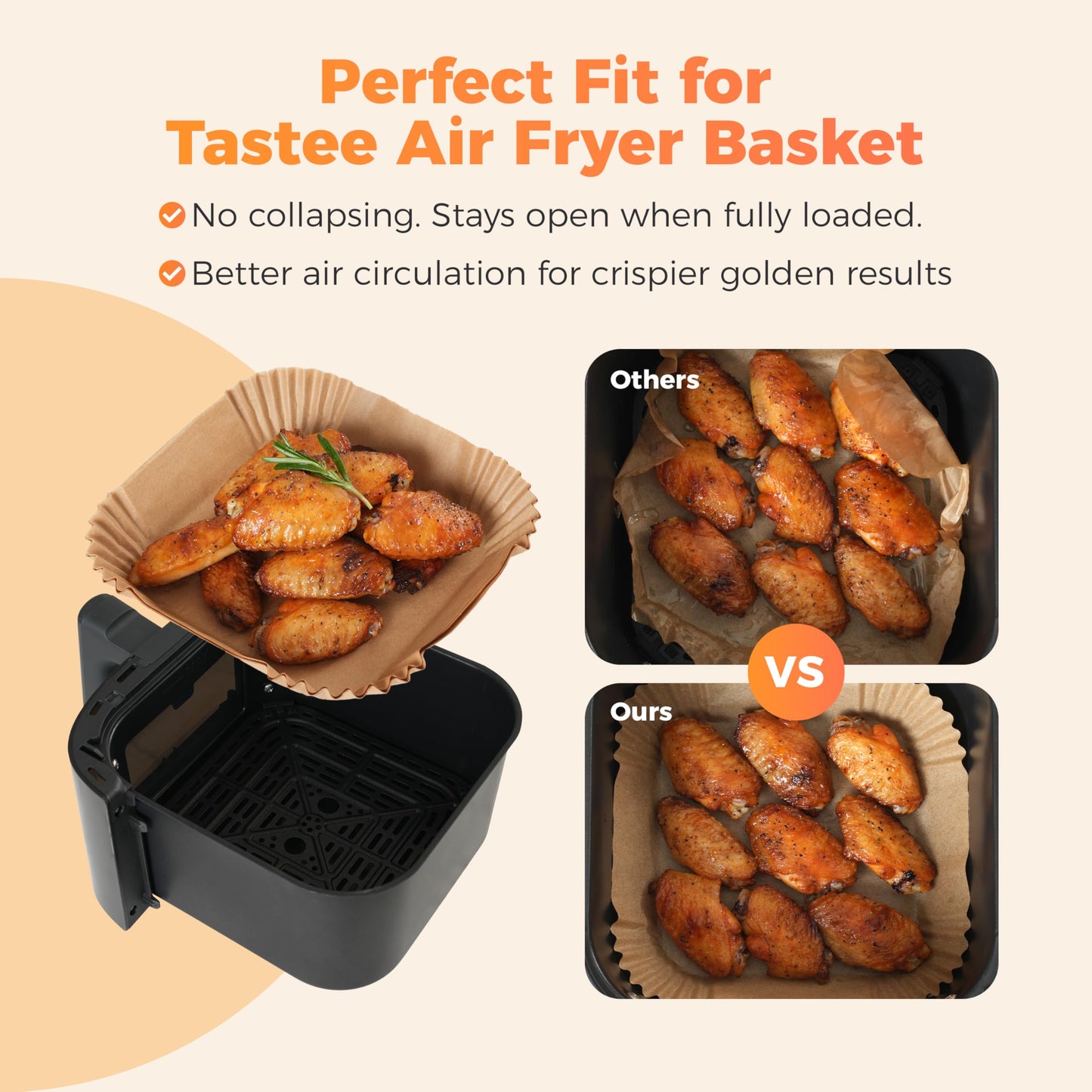 Tastee Air Fryer Liners 100Pcs - Design for 3-6QT Air Fryer Baskets, Oil-Absorbent Disposable Paper Liners, 450°F Heat Resistant, Custom Fit
