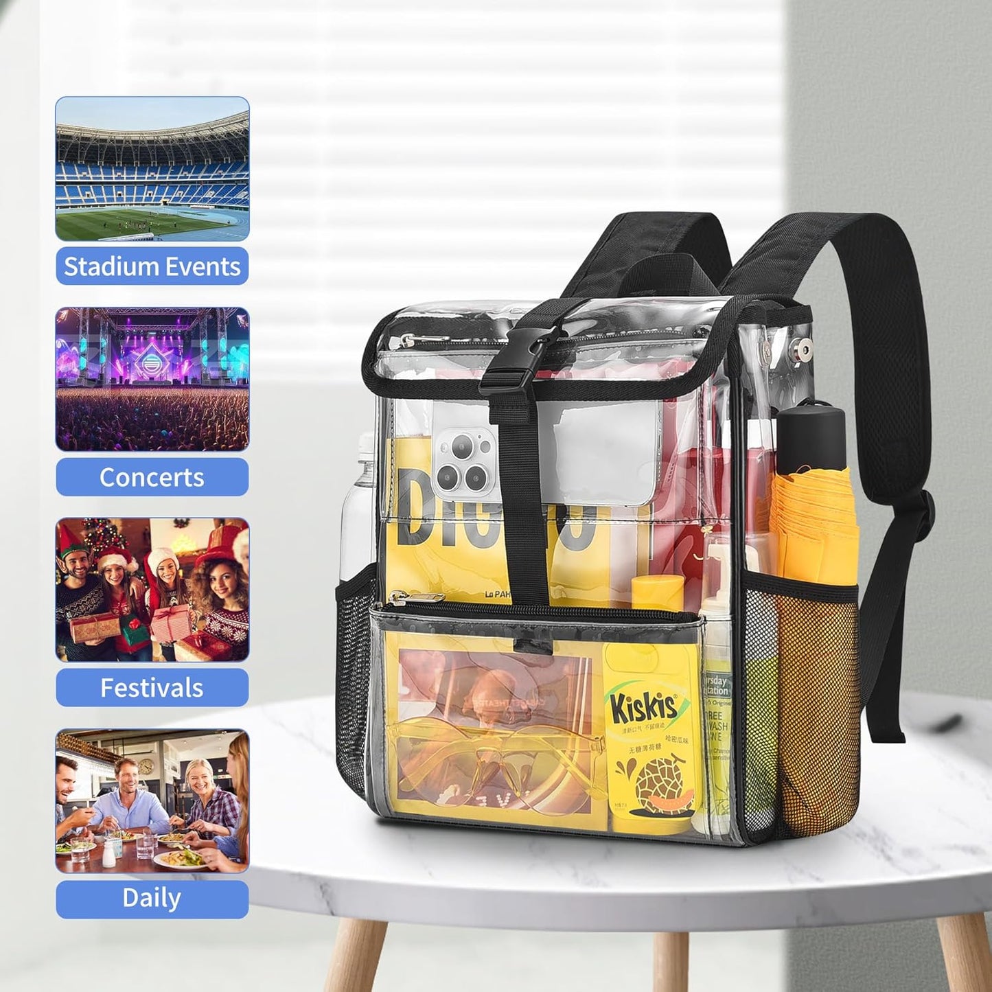 Mildbeer Clear Stadium Backpack - Compact PVC Flap Design for Sports & Concerts | 12x12x6, Black