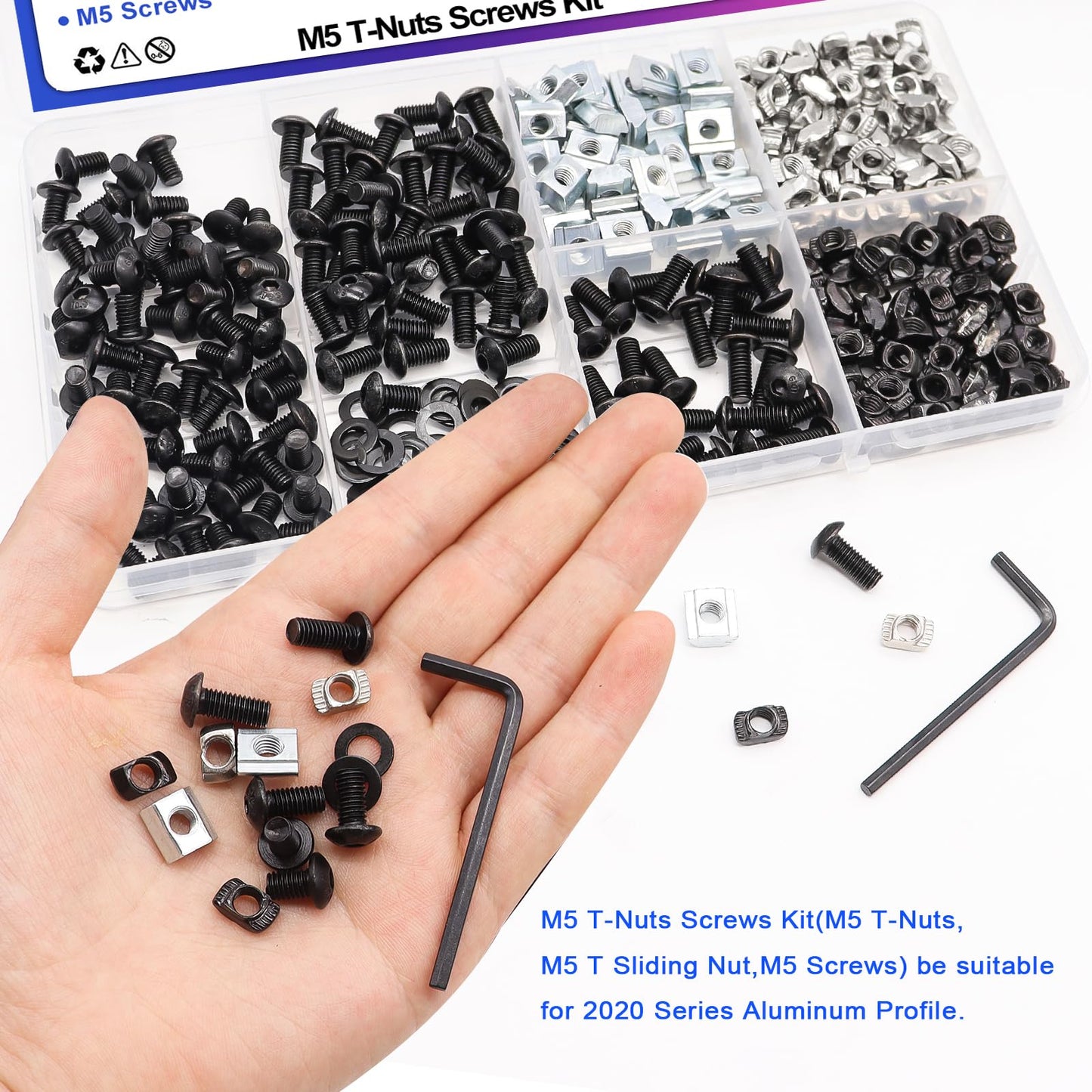 Taiss 275PCS M5 T-Nuts Screws Assortment Kit for 2020 Series Aluminum Extrusion,T Sliding Nut,Button Head Socket Cap Head Bolts and Nut & Washers for Mlok Screws and Nuts Replacement with Wrench