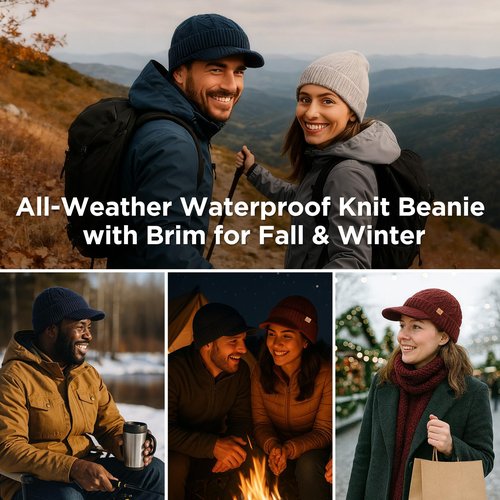 DryKnit™ Black Waterproof 80% Merino Wool Blend Beanie Hat with Brim Visor Fleece Lined Knit Winter Cap for Men Women Large Head Warm Outdoor Hiking Cold Weather Gear M/L