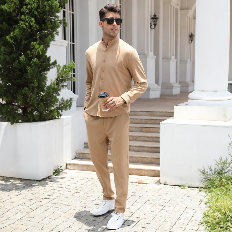 FZNHQL Outfits 2 Piece XXL Men Set Fashion Shirt and Pants Combo Tracksuit Sport Two Piece Trendy Long Sleeve Track Suit Set Khaki Brown XX-Large