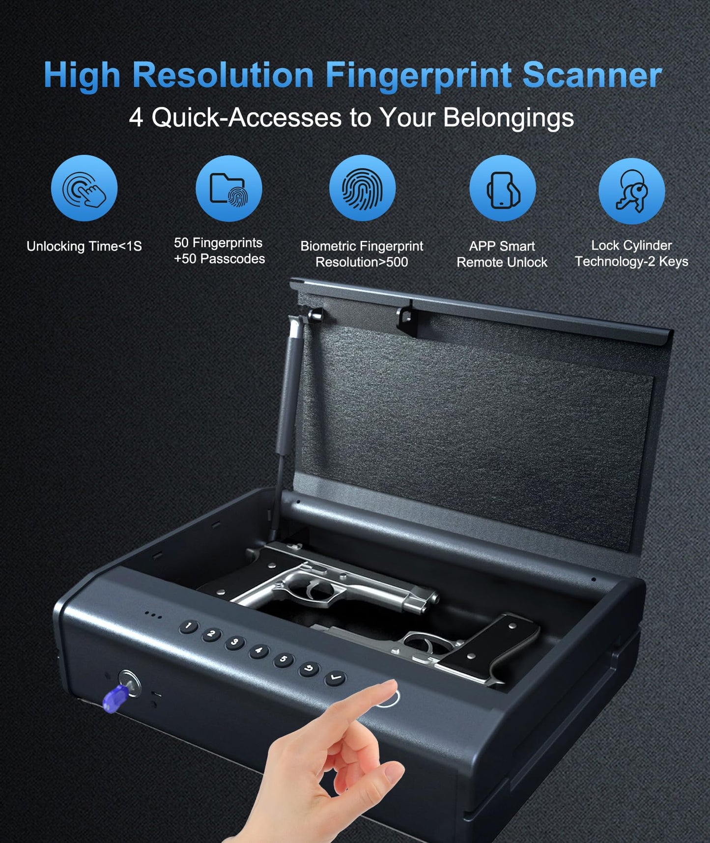 PINEWORLD Gun Safe For Handgun, Gun Case, Biometric Gun Safe For Car, Pistol Safes With Fingerprint|Passcode|Key Unlock, Full Voice Prompt Gun Lock Box with Cable, Charging Port