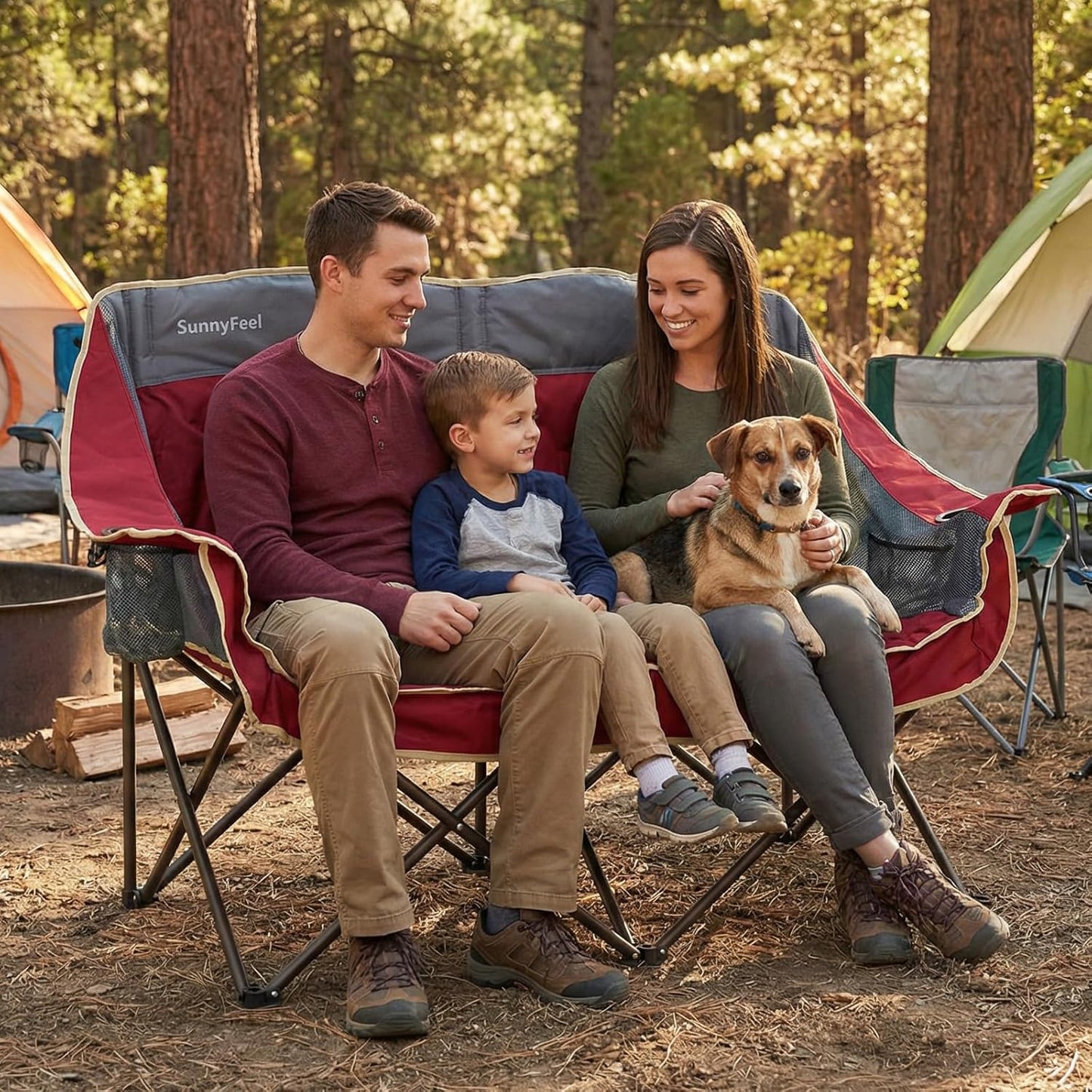 SUNNYFEEL Double Camping Chairs - Heavy Duty Padded Loveseat for 2 | Portable Oversized Couch with Cup Holder - Red