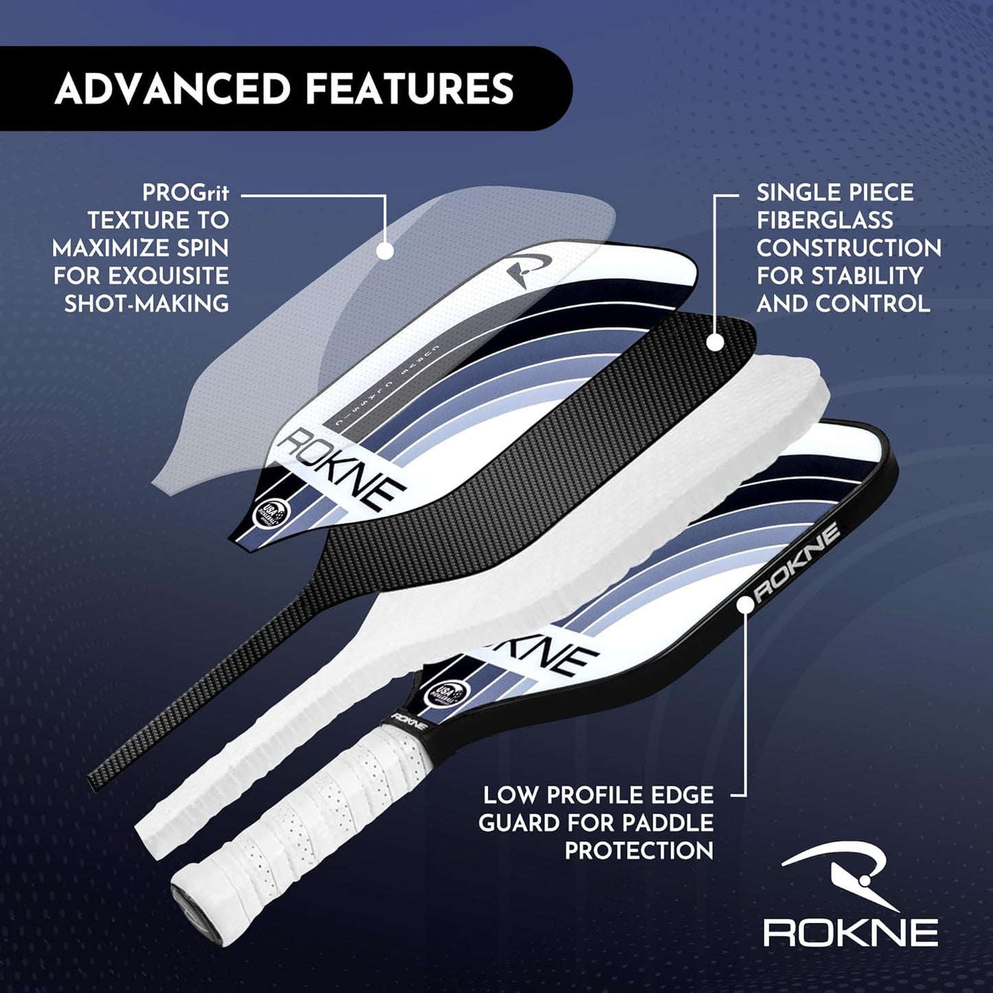 ROKNE Curve Classic Pickleball Paddle - USAPA Approved Fiberglass Design | Precision Engineering for Maximum Spin & Comfort