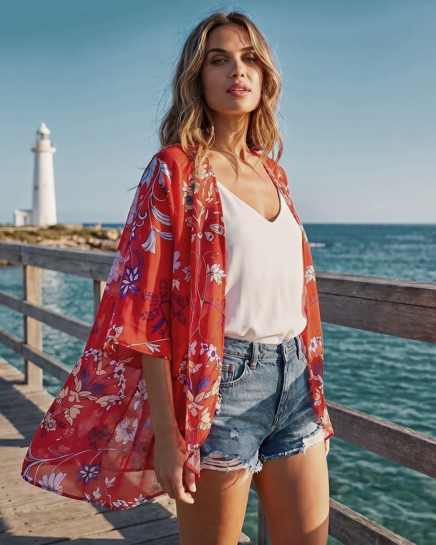 Summer Kimono Cardigan for Women Sheer Boho Tops Casual Open Front Swimwear Shirts Beach Cover ups (Boho Red,L)