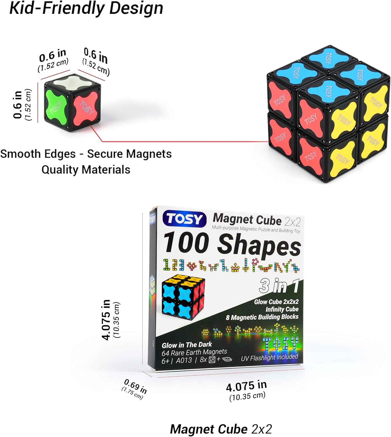 TOSY Magnet Cube 2x2 - 2-in-1 Puzzle & Infinity Cube | Glow with UV Flashlight, Perfect Easter Gift for Kids
