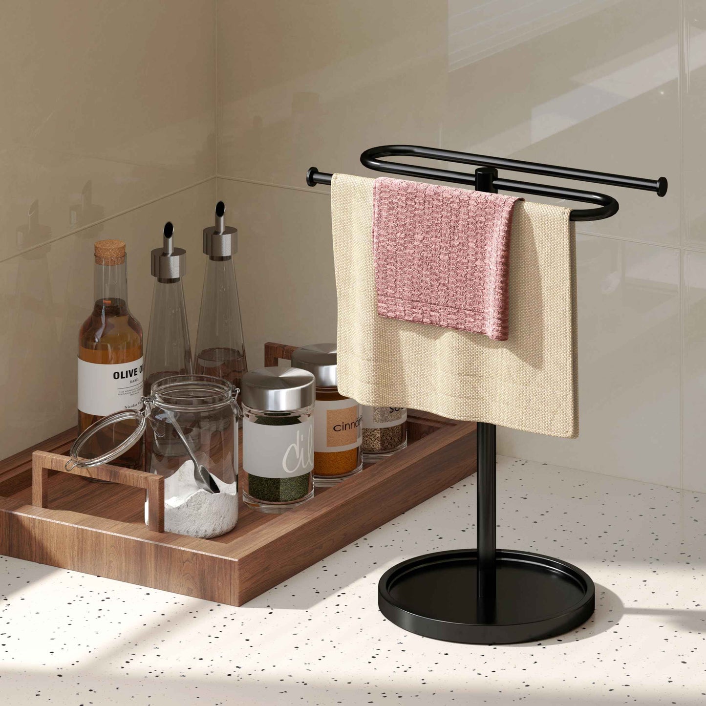 Towel Holder Stand, Stainless Steel Hand Towel Holder Rack for Bathroom Countertop, S-Shape Free Standing Towel Bar Holds 2 Towels for Kitchen Countertop, Black
