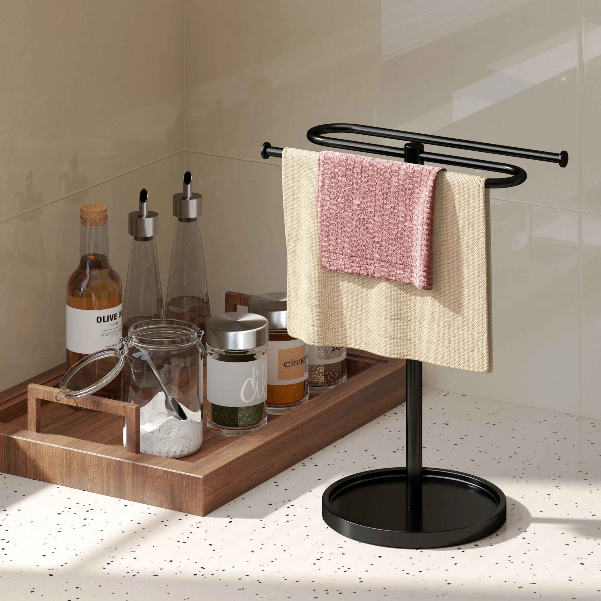 Towel Holder Stand, Stainless Steel Hand Towel Holder Rack for Bathroom Countertop, S-Shape Free Standing Towel Bar Holds 2 Towels for Kitchen Countertop, Black