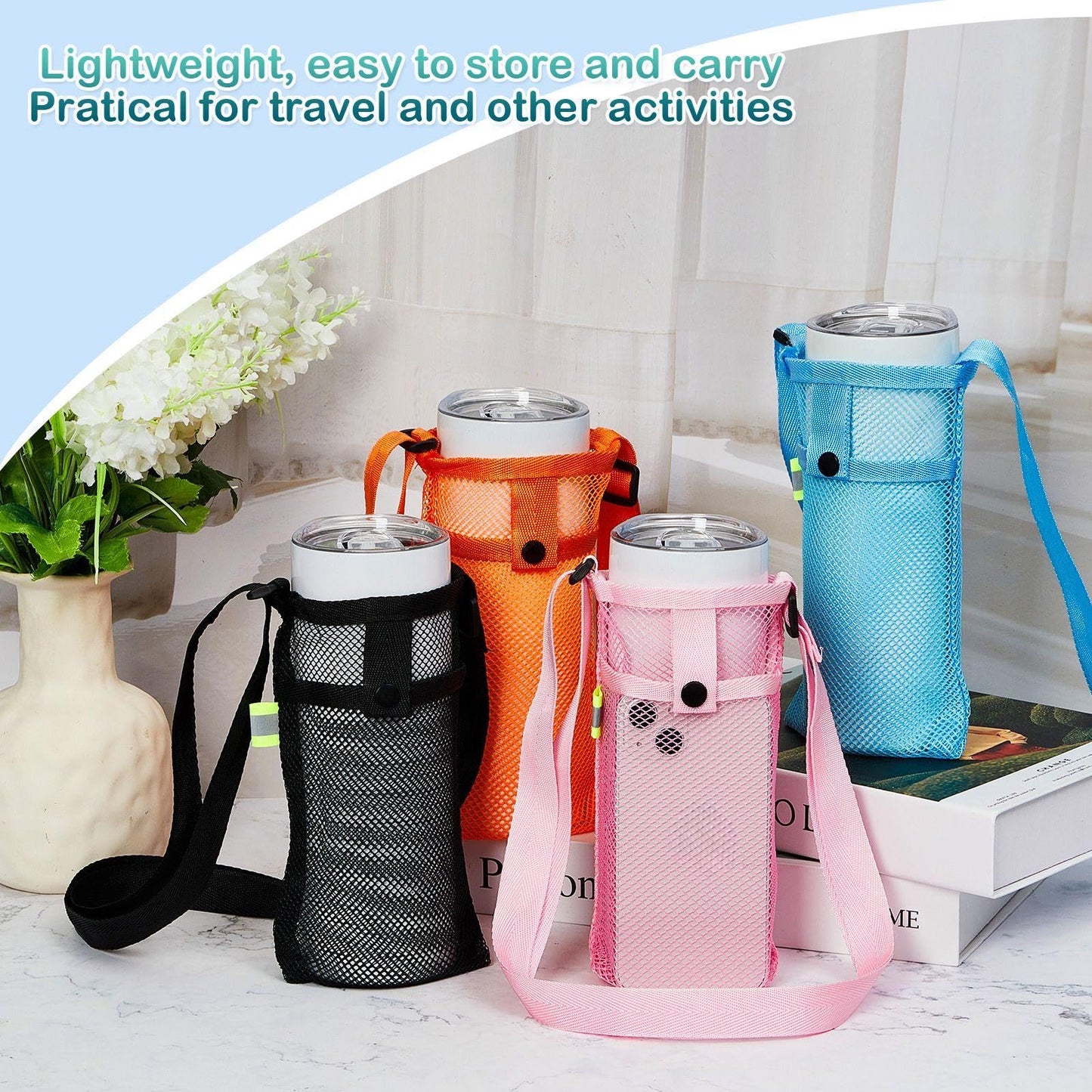 Tessco 8 Pcs Water Bottle Sling Holder with Adjustable Shoulder Strap Carrier Bag Mesh Sleeve Pouch for Walking Sports (Bright Colors, 11 x 4 Inch)