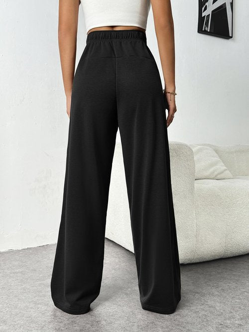 PINSPARK Women's Sweatpants Wide Leg Lounge Pants Elastic High Waist Sweatpant Athletic Sweat Pants with Pocket and Drawstring Tall Medium, Black