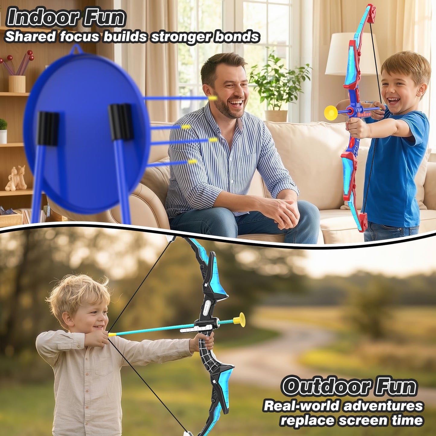 Polkoliye 2 Pack of Kids Bow and Arrow Set, LED Light Up Archery Toy Set with 14 Suction Cup Arrows, Detachable Target, Indoor Outdoor Hunting Play Gift Toys for Kids, Boys & Girls Ages 6-12