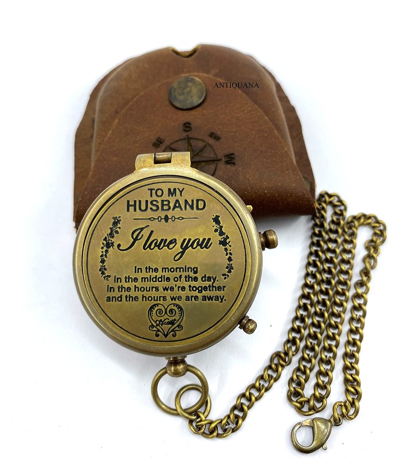ANTIQUANA Brass Compass Unique Print To My Husband Compass With Leather Case Antique Brass Compass With Chain A Great Gift Item For Your Loved Ones Hikers And Traveler By