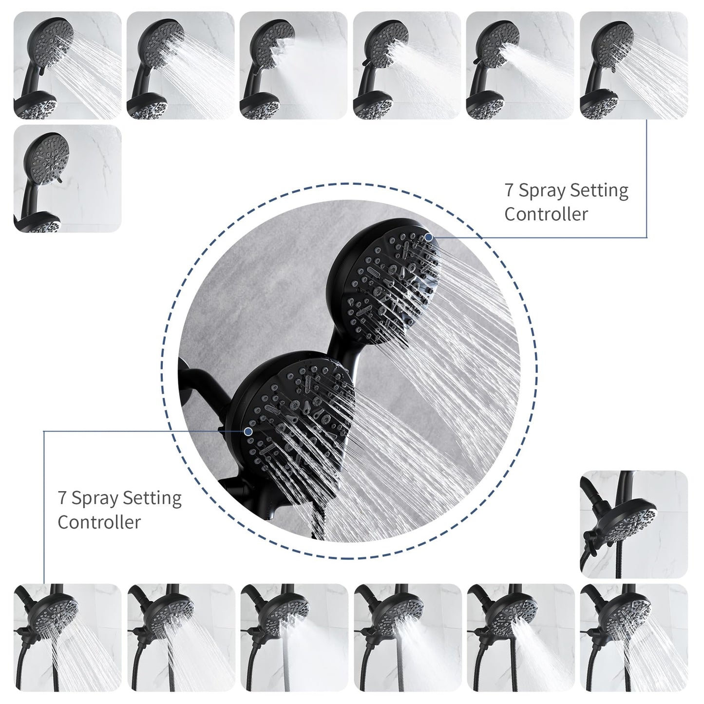 Taplong Tub Shower Faucet Set with Valve,Dual Shower Head and Handheld 2 in 1 Combo Set 3-Way Diverter Tub and Shower Faucet Combo High Pressure Shower Trim Kit,Matte Black,TP038