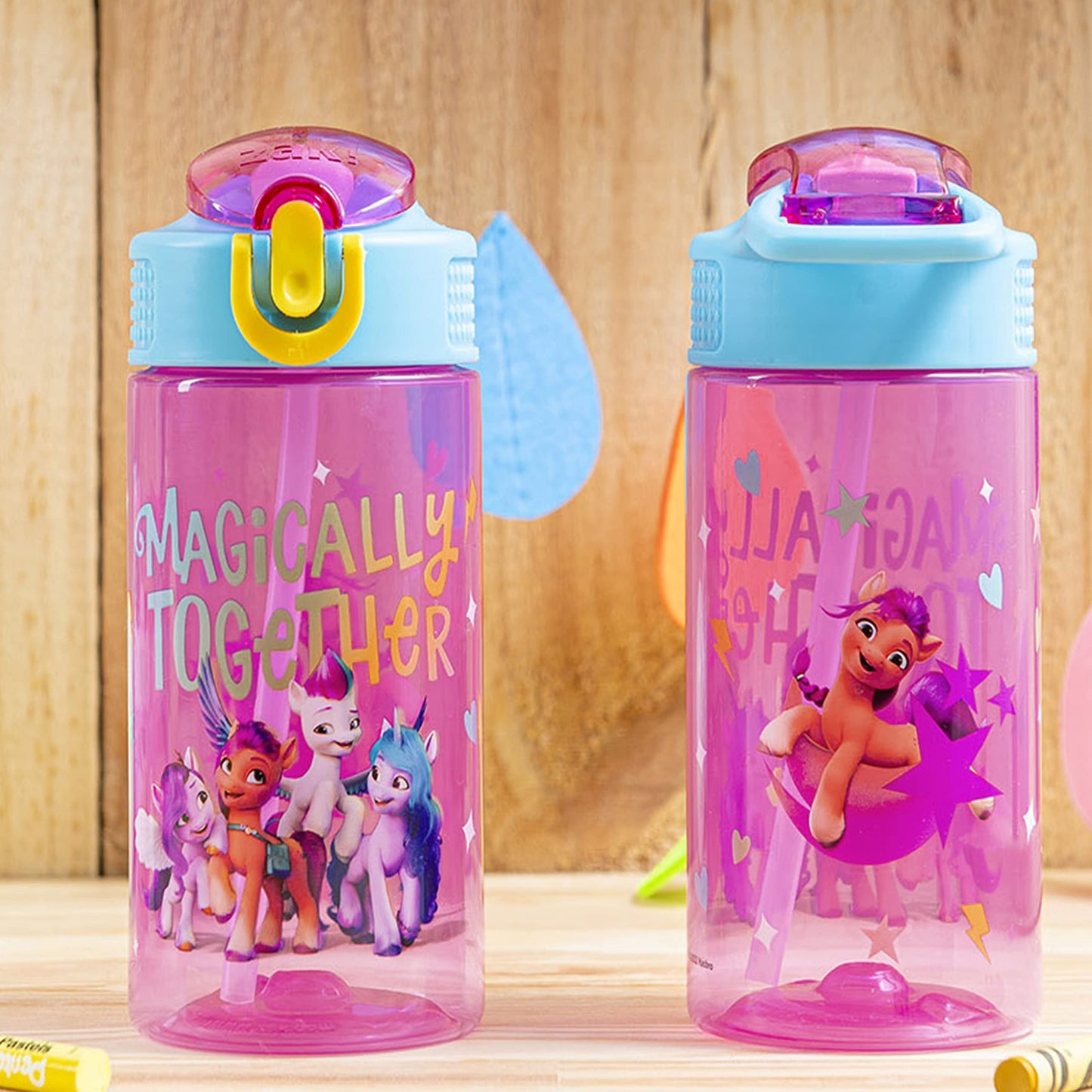 Zak Designs Kids Durable Plastic Spout Cover and Built-in Carrying Loop, Leak-Proof Water Design for Travel, (16oz, 2pc Set), My Little Pony 2pk