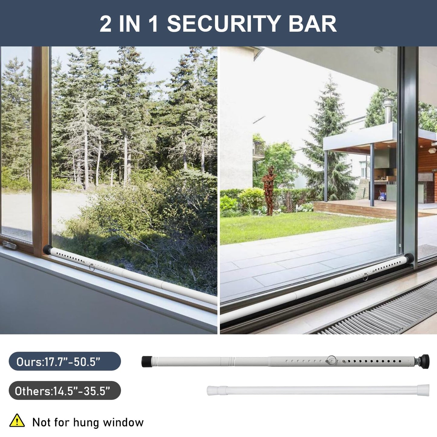 Sliding Door Security Bar，17.5-50 inch Adjustable Patio Door Security bar, Heavy Duty Window Security Bars Inside for Sliding Glass Door Home Apartment Bedroom(White)
