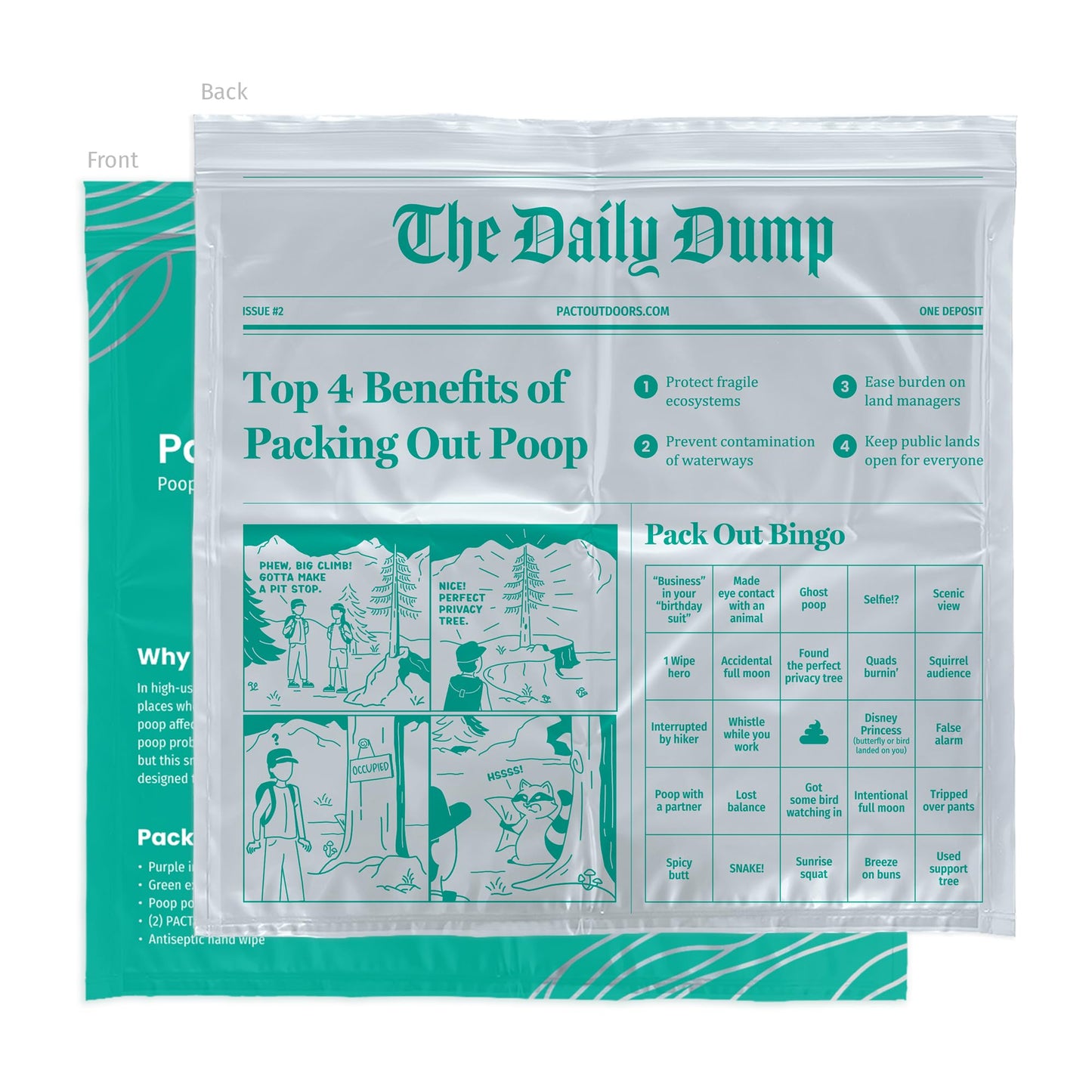 PACT Pack Out Kit - Camping Poop Kit Includes Wet Wipes, Smell Proof Disposal Bags, Hand Wipes, Poop Powder for Odor and Human Waste Bags for Camping and Backpacking - 6 Pack