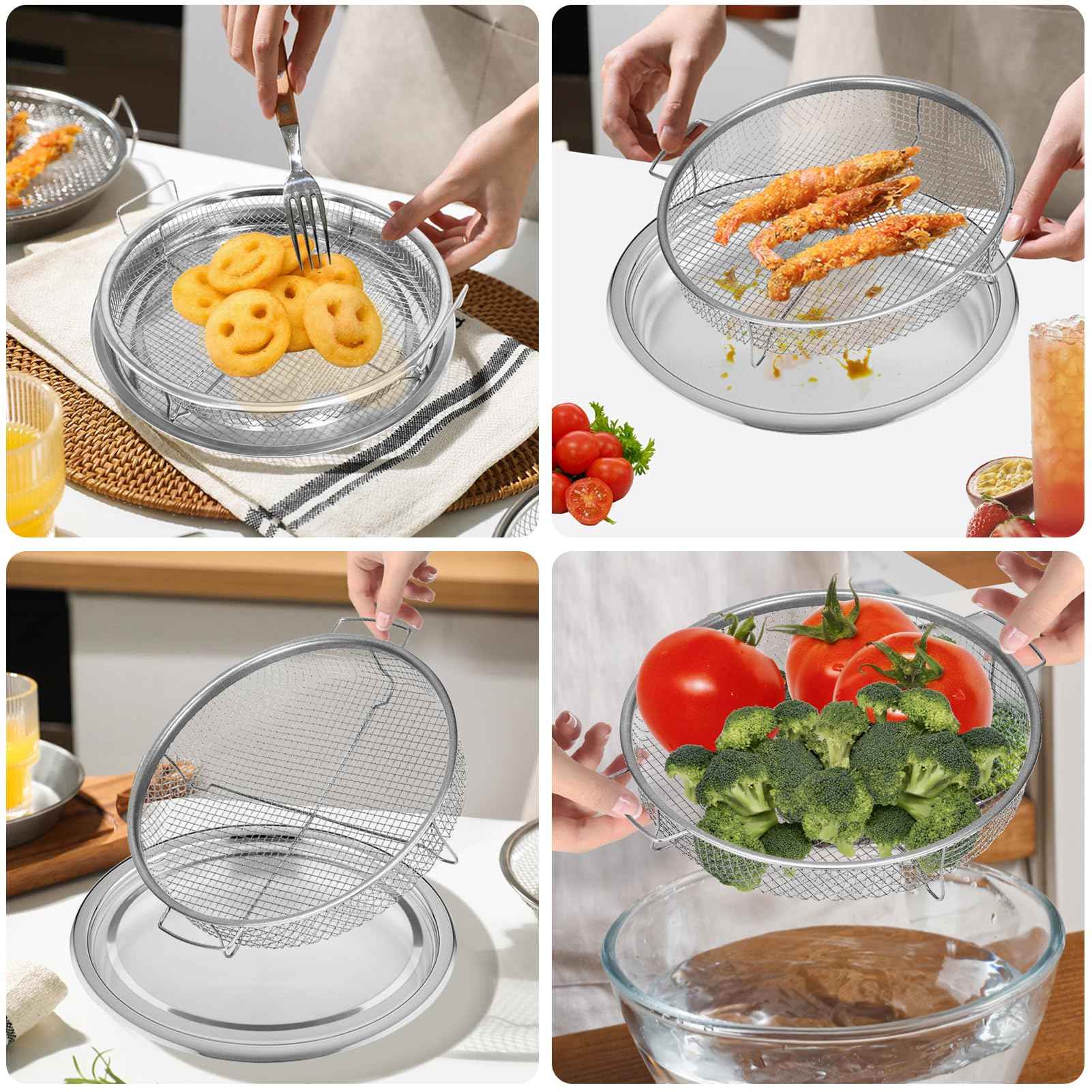 Air Fryer Basket for Oven,2 Pieces Set Round Silver 12.9'' Non-stick Stainless Steel Mesh Air Fryer Baking Tray Accessories Rack Roasting Grill Basket for Convection Oven Air Fryer, Dishwasher Safe