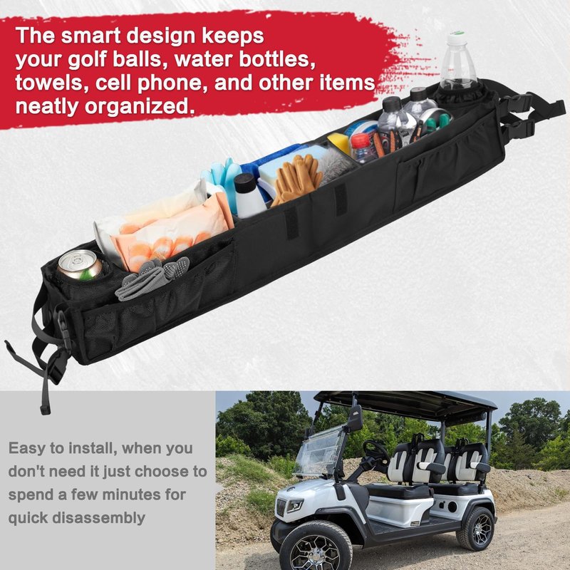 smotrcc Golf Cart Front Storage Basket with Insulated Cup Holders, No-Drill Dash Tray Organizer Compatible with EZGO, Club Car, Kandi Electric Golf Carts, Golf Cart Storage Accessories