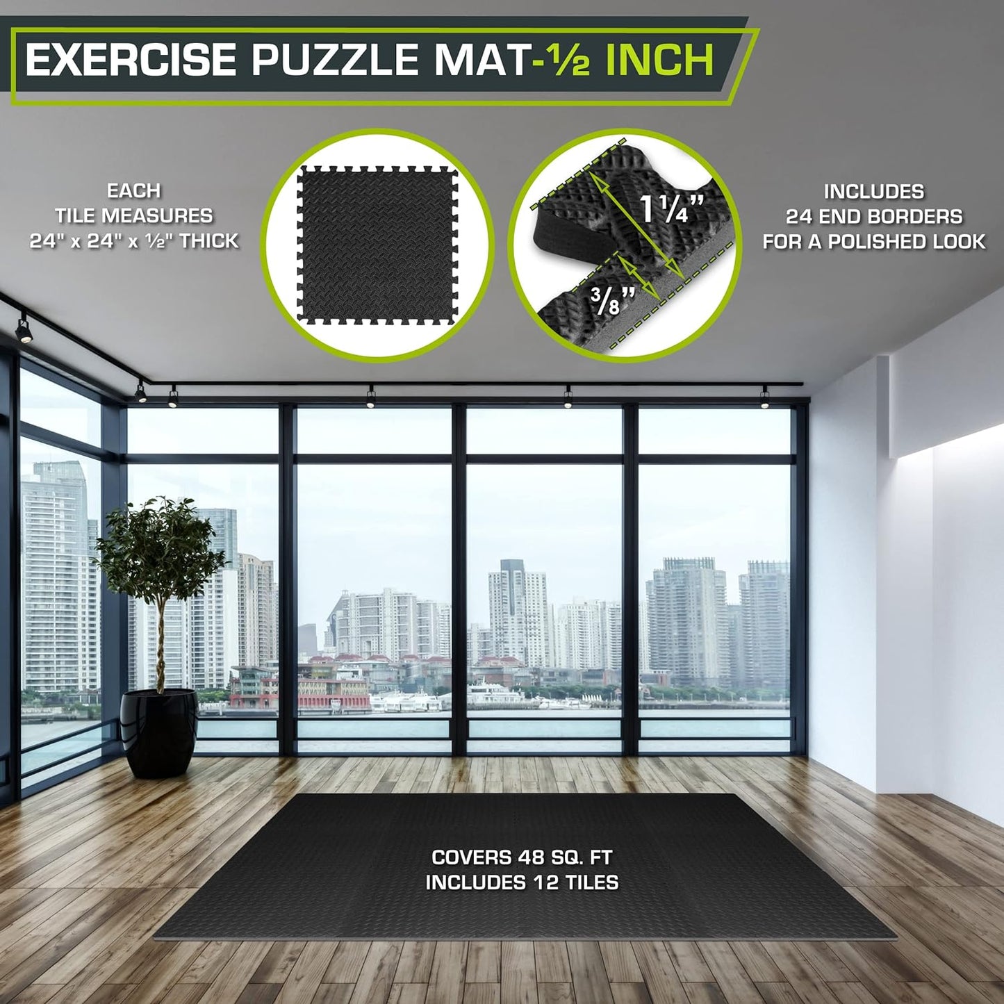 ProsourceFit Puzzle Exercise Mat - Water-Resistant EVA Foam Tiles for Home Gym | Black, 24" x 24" - 48 Sq Ft (12 Tiles)