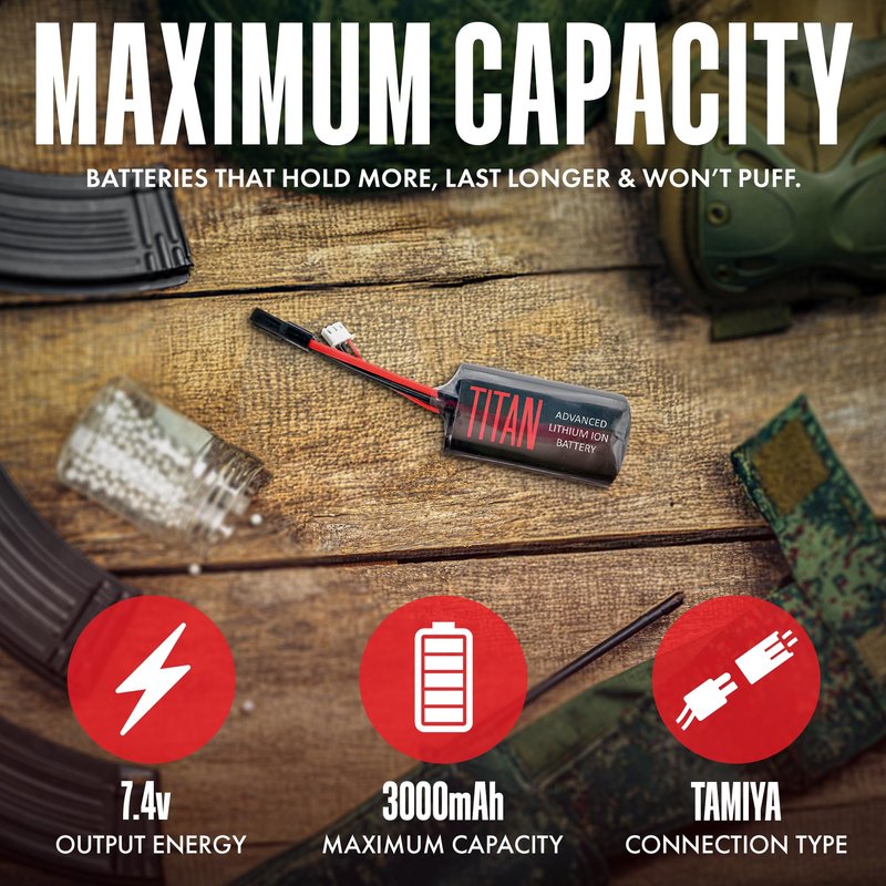 Titan Lithium-Ion Airsoft Battery | 7.4v Battery, 3000mAh 7.4v Brick Tamiya Plug | Maximum Capacity & Performance