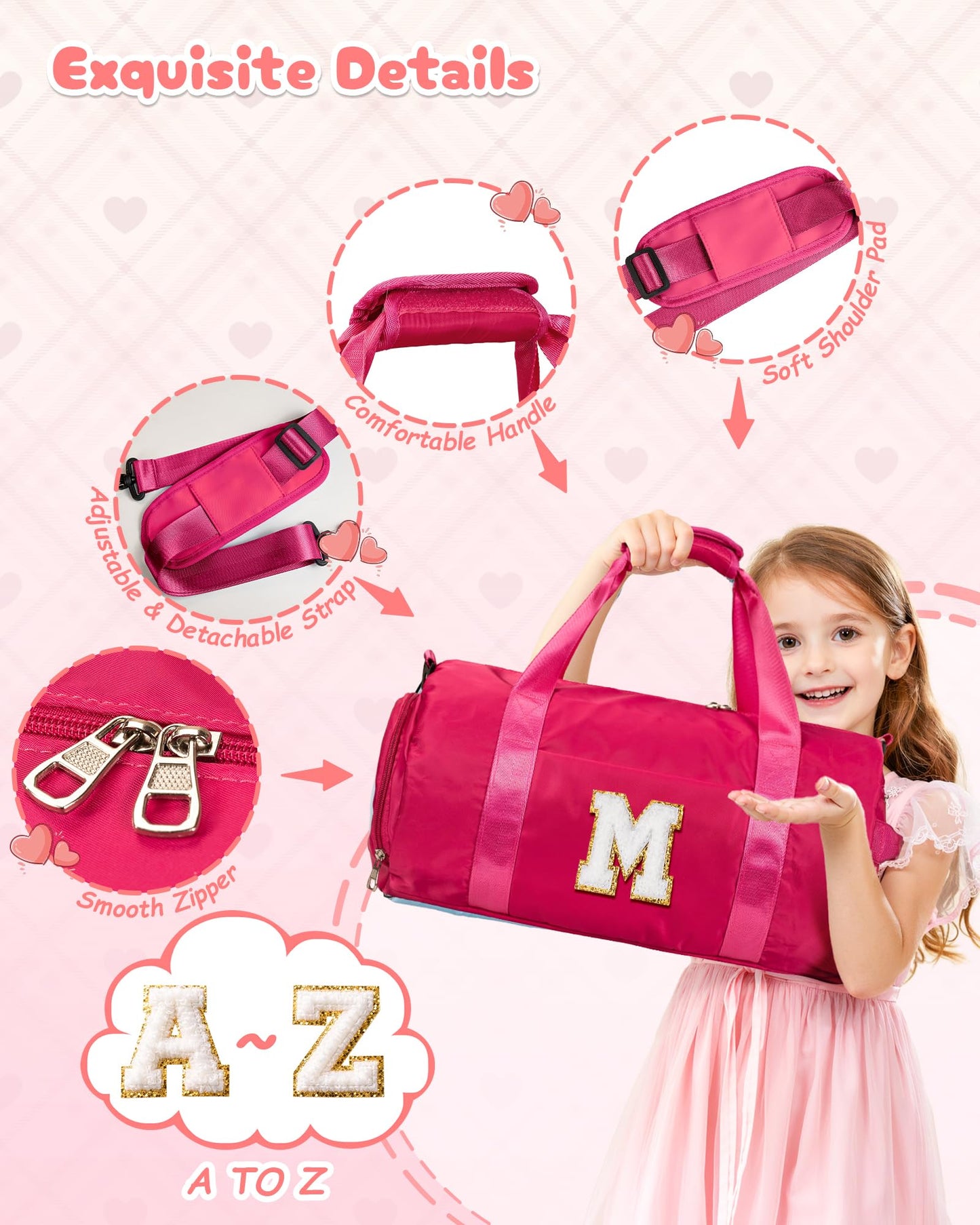 Vogewood Gifts for Grandkids, Girls Travel Duffle Bag with Makeup Pouch, Initial Kids Overnight Weekend Bag with Shoe Compartment, Teen Girl Gift Trendy Stuff (Letter M)