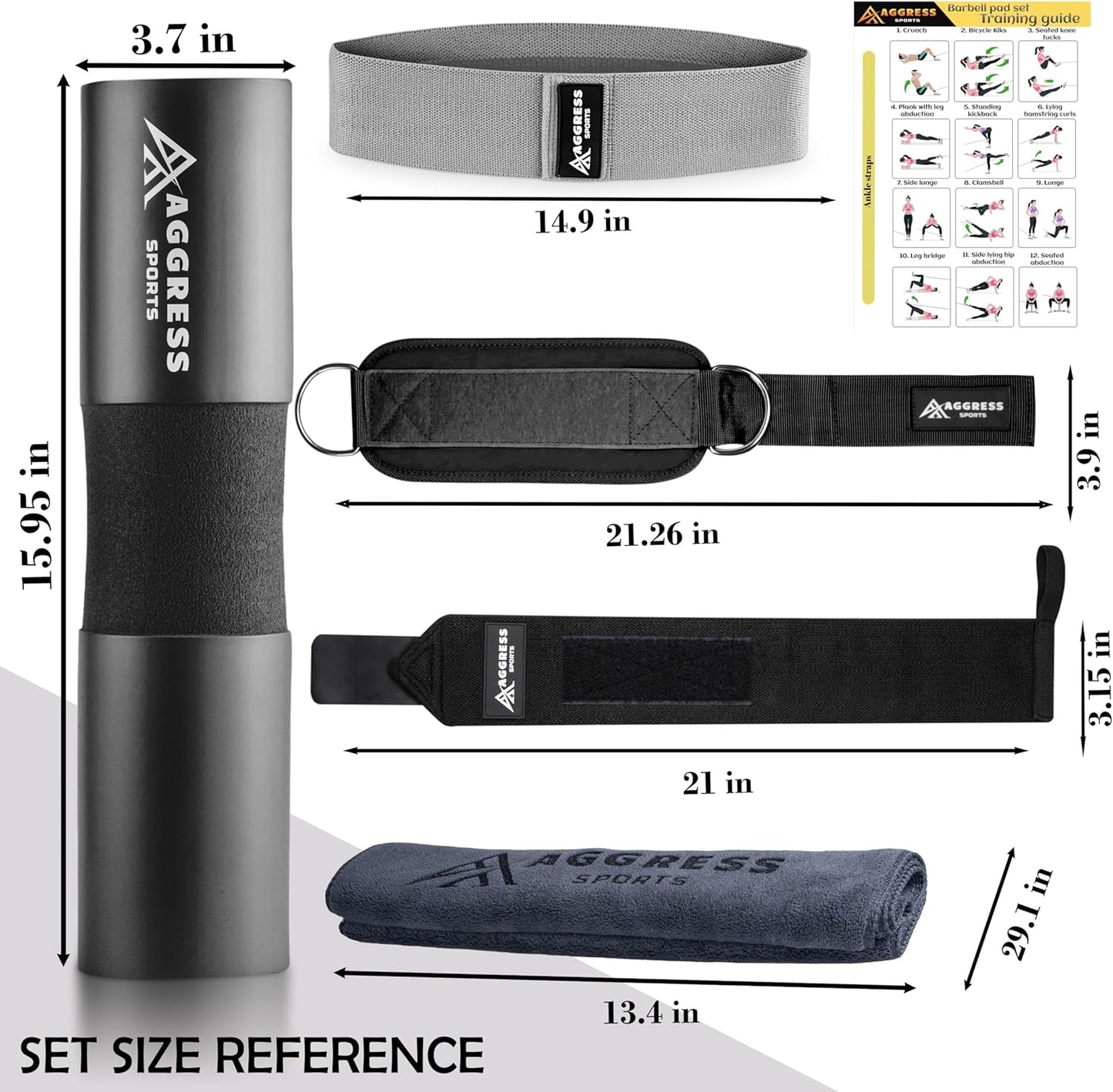Premium Barbell Pad Set - Hip Thrust & Squat Pad with Ankle Straps, Resistance Bands & Carry Bag