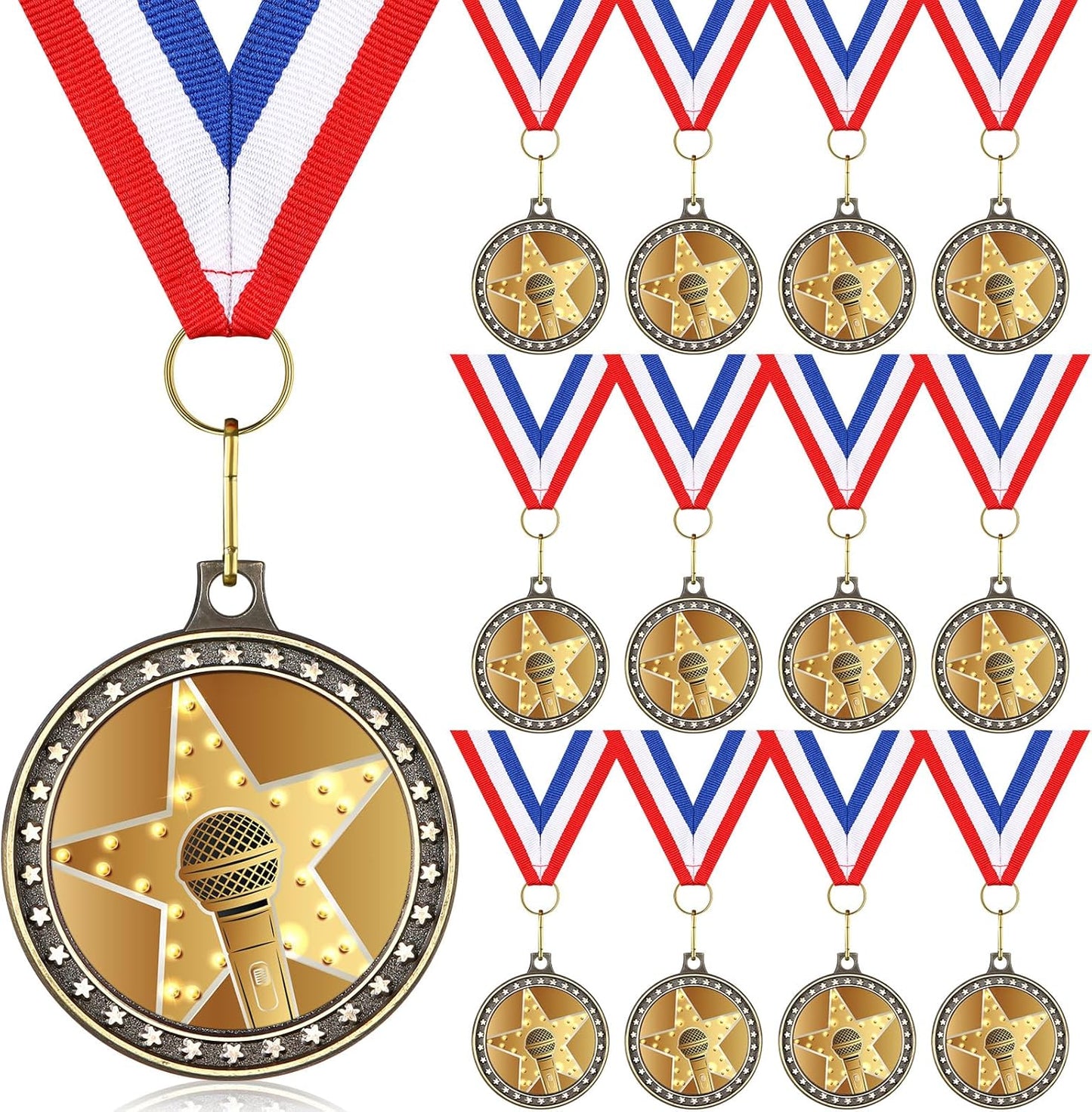 Skiennix Microphone Music Medals - 12 Pcs Award Trophies with Neck Ribbons | 1.97 Inches for Karaoke Talent Shows