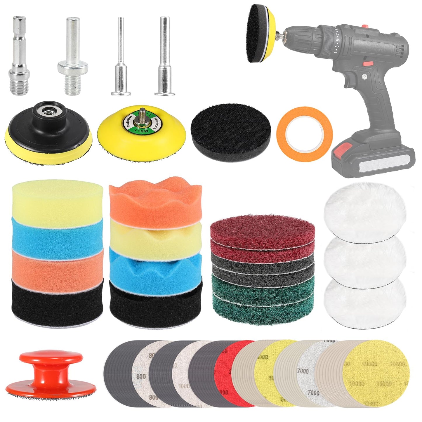 86PCS Car Headlight Polishing Kit, 3 Inch Drill Sanding Disc with 1/4 Inch Shank Backing Hook and Loop,Wet Dry Sanding Paper, Masking Tape, Buffing Sponge, Soft Interface, Woolen Buffer, Handle