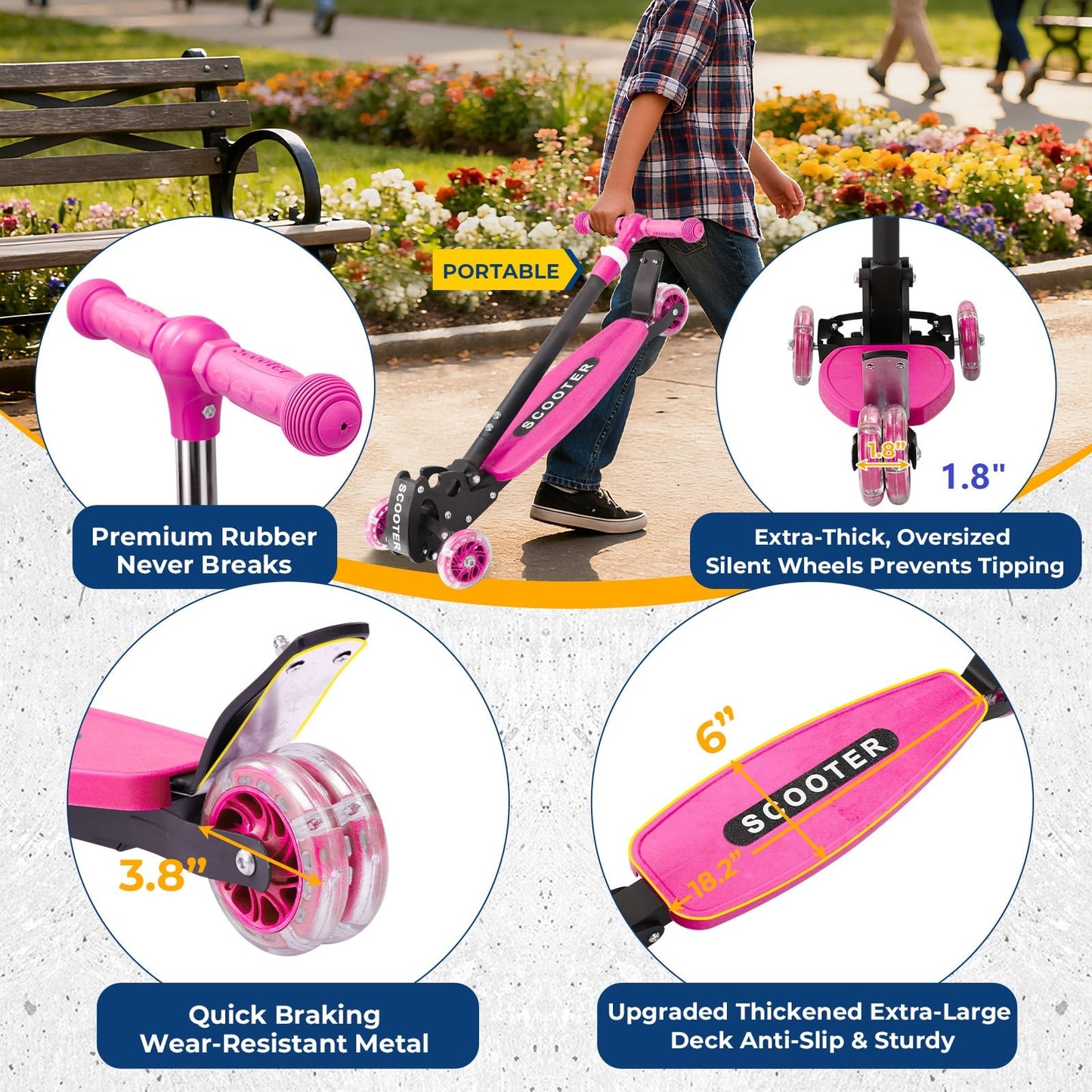 Scooter, Heavy-Duty 3-Wheel Scooter, 3-Speed Height Adjustable, LED Light-Up Wheels, Foldable - Kids Kick Scooter for 6-12 Year Old Boys Girls, 180 lbs Capacity for Birthday Christmas, Pink