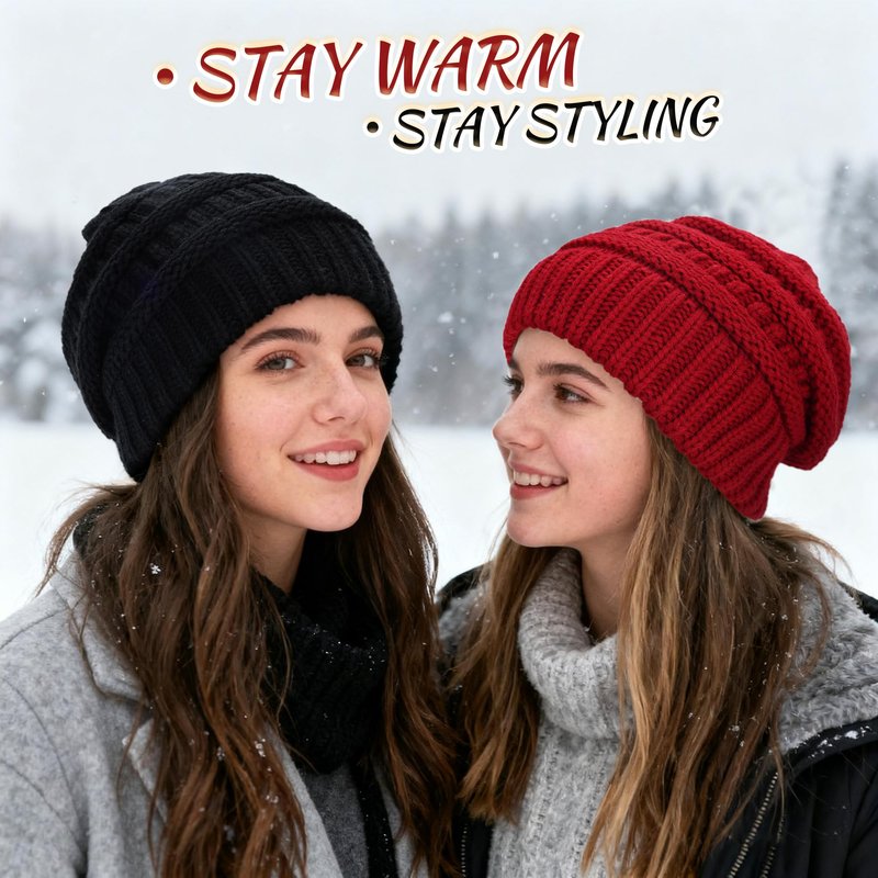 Ultrafun 3 Pack Satin Lined Beanie for Women, Slouchy Winter Hats with Silk Lined, Oversized Knit Warm Hat Skull Cap (Black, Beige, Red)