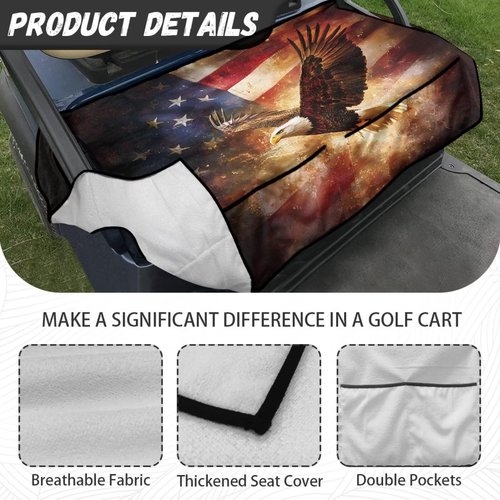 Tomeusey Golf Cart Seat Cover Blanket with 4 Pockets, Portable Sport Golf Cart Seat Protector, American Flag Eagle Club Car Seat Towel Blanket with Holes, Easy to Install Clean