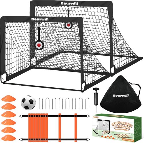 Bearwill Kids Soccer Goals - Portable 4x3ft Backyard Set of 2 with Training Equipment & Soccer Ball