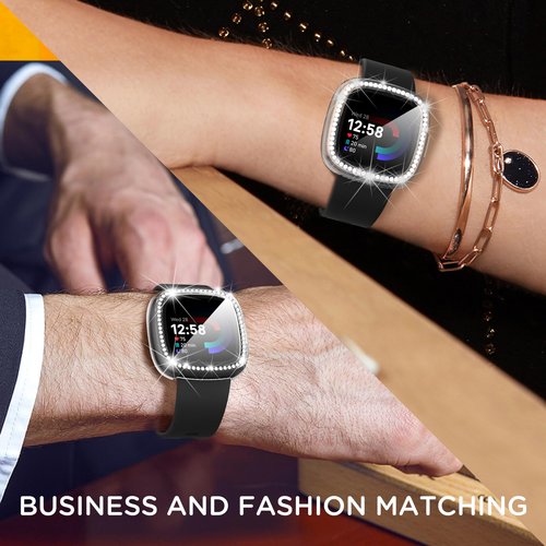 Suoman 4-Pack for Fitbit Sense 2/Versa 4 Case, HD Tempered Glass Screen Protector, Full Around TPU Electroplate Protective Cover Bumper [Glitter Diamonds] -Clear+Clear+Clear+Clear