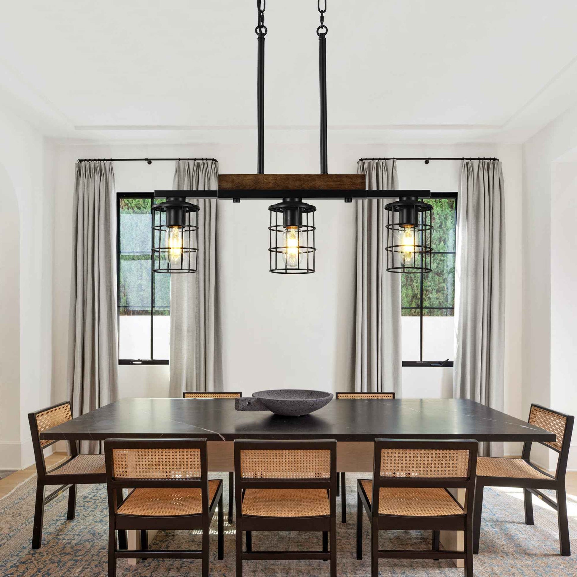 Dining Room Light Fixture/Chandelier Over Table, 23.3-Inch Hanging for Farmhouse Linear Chandeliers,3-Light Kitchen Island Lighting, Black Rustic Wooden Ceiling Chandelier,with Metal lampshade