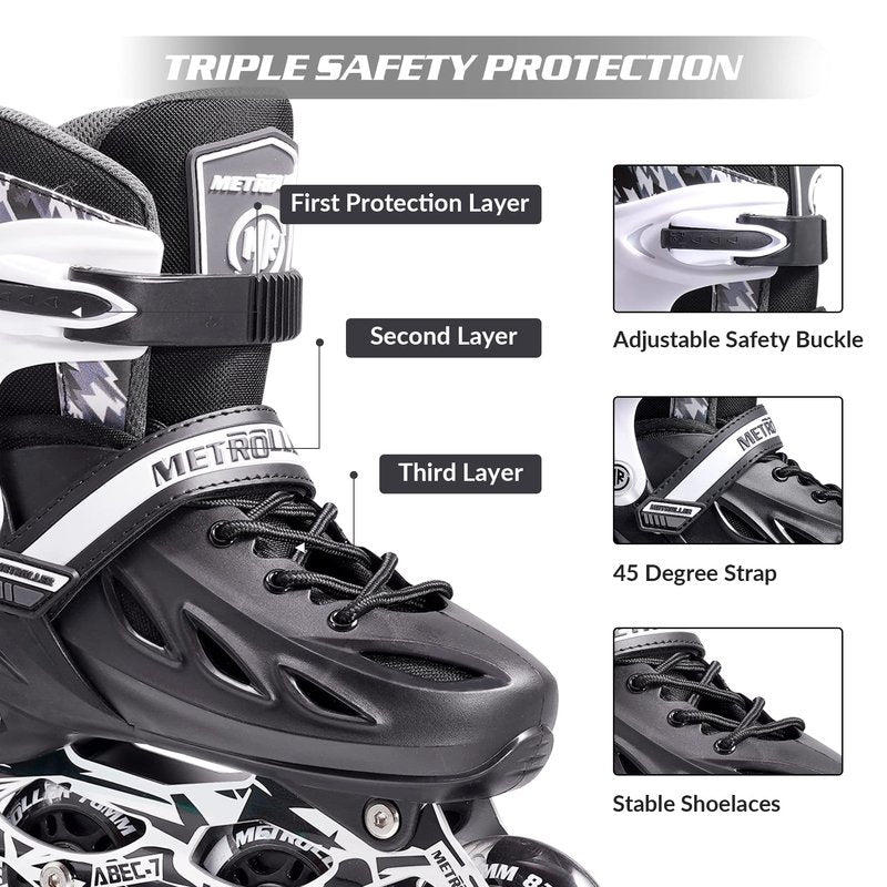 METROLLER Inline Skates for Girls and Boys, Women, Men 4 Sizes Adjustable Inline Skates with Light Up Wheels, Illuminating Beginner Skates for Kids & Adult Youth.