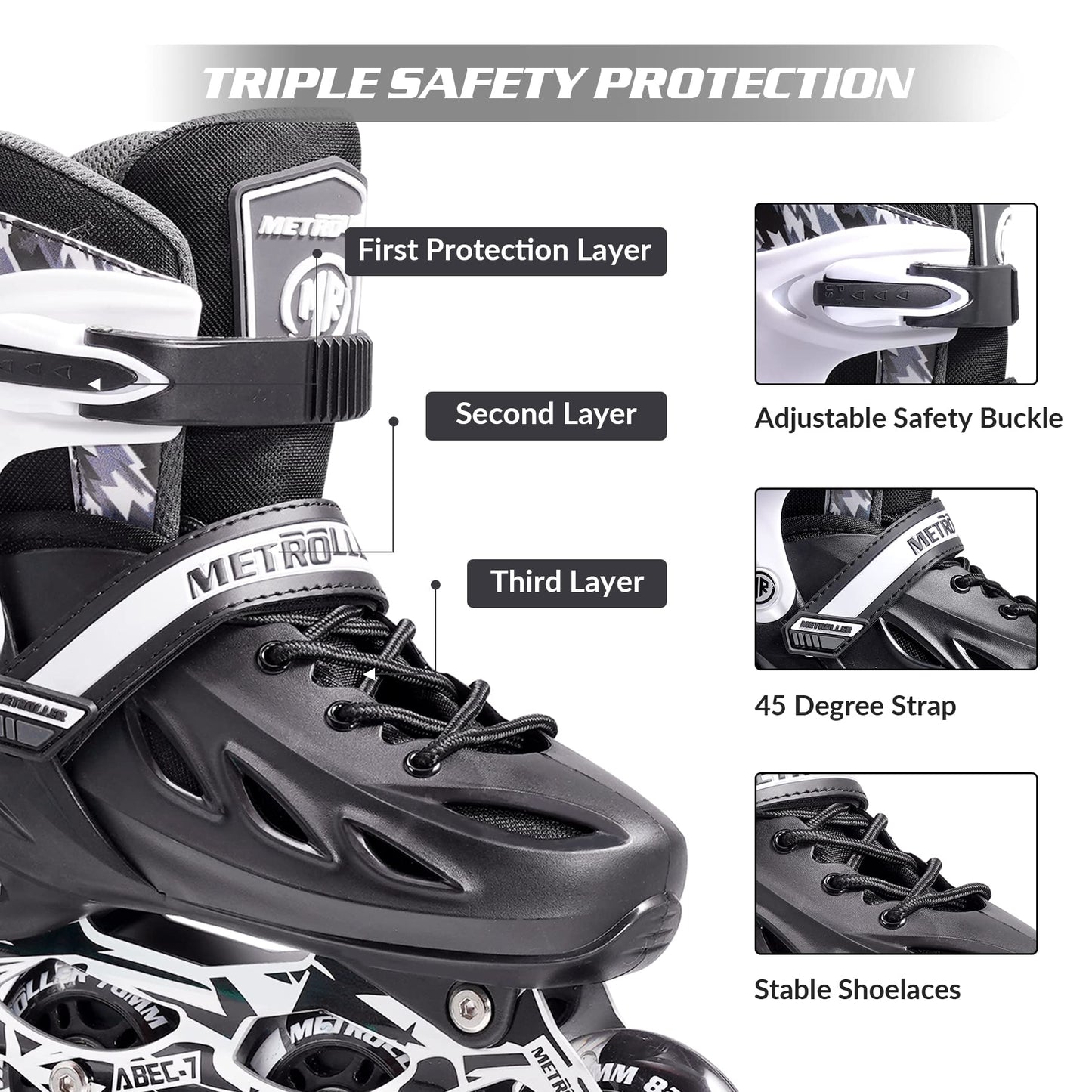 METROLLER Inline Skates for Girls and Boys, Women, Men 4 Sizes Adjustable Inline Skates with Light Up Wheels, Illuminating Beginner Skates for Kids & Adult Youth.