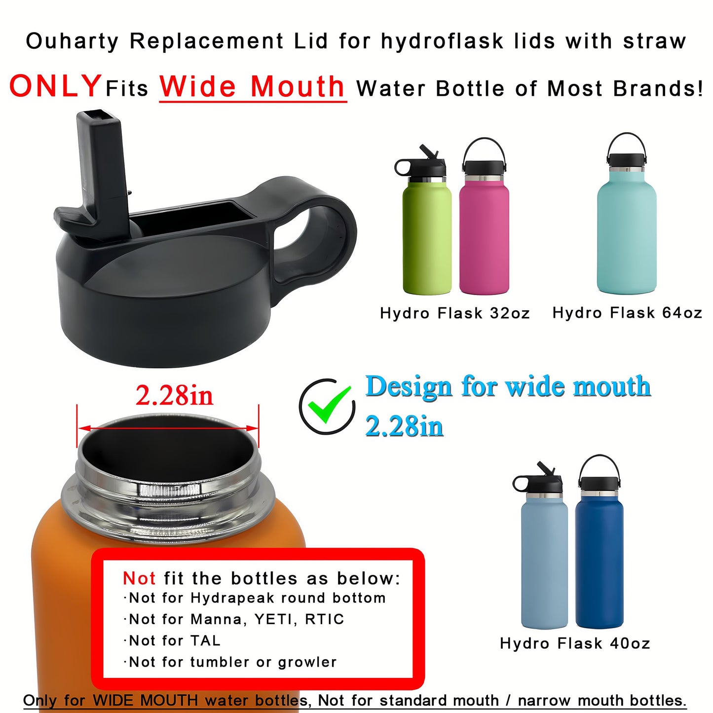 Ouharty Replacement Straw Lid for Hydroflask Wide Mouth Water Bottle, Top Lids with Straw for Hydro Flask Accessories, Replacement Straw Cap for Hydroflask 32 40 64 oz Wide Mouth Bottle